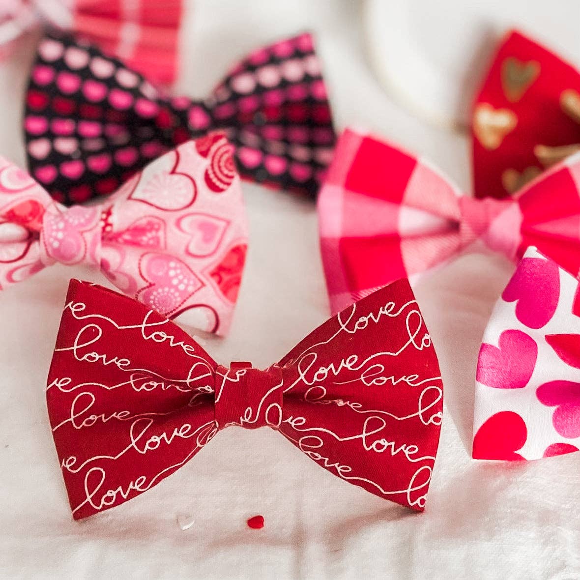 LOVE Valentine's dog bow pet accessory red and white script: Collar attachment