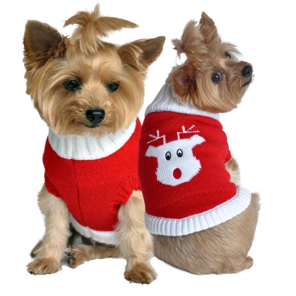 Combed Cotton Holiday Dog Sweater - Red Rudolph: X-Large