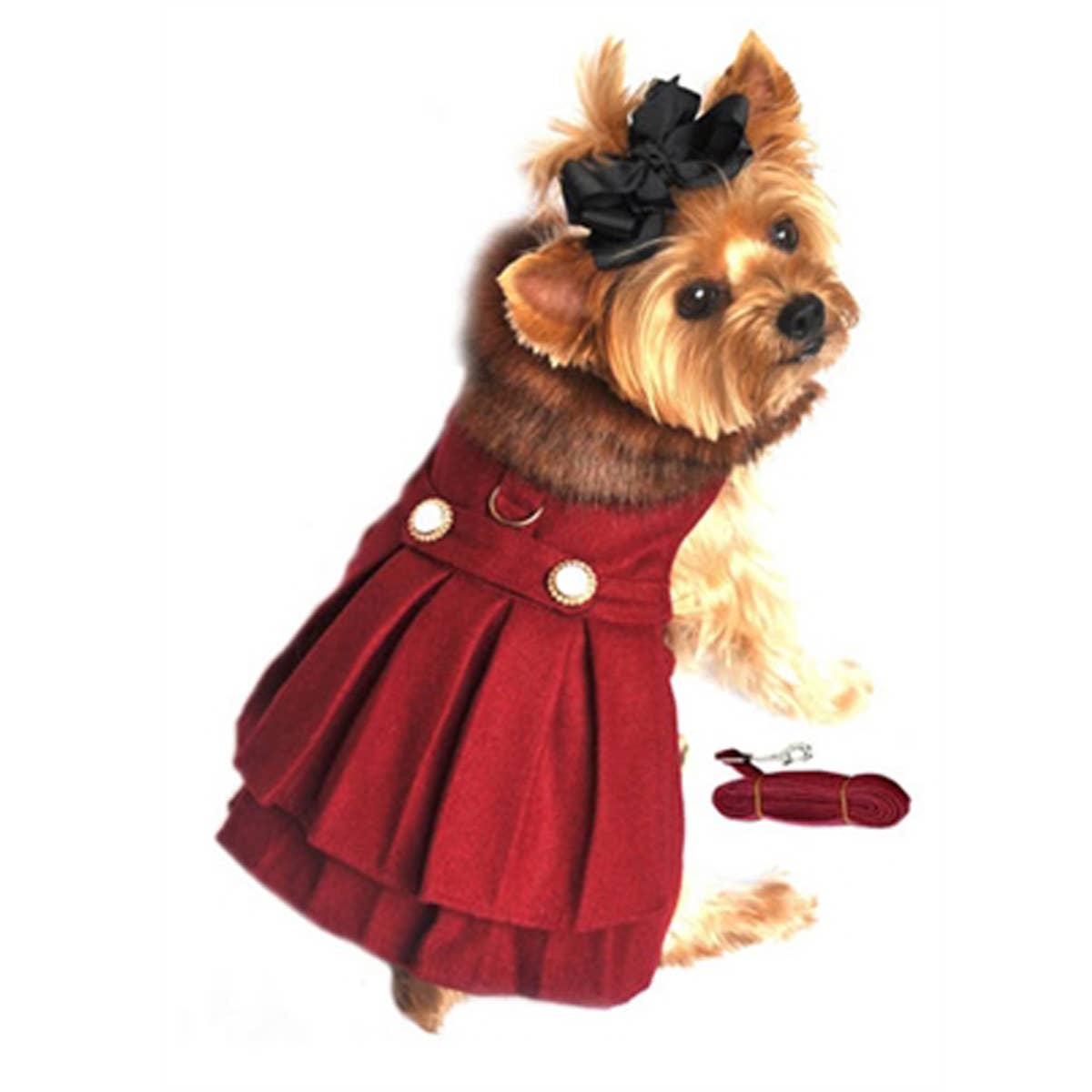 Wool Fur-Trimmed Dog Harness Coat - Burgundy: Small