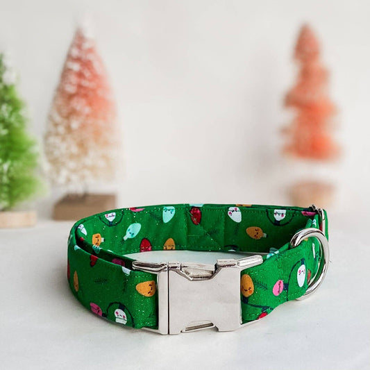 Very Merry and Bright Christmas Lights dog collar with silver