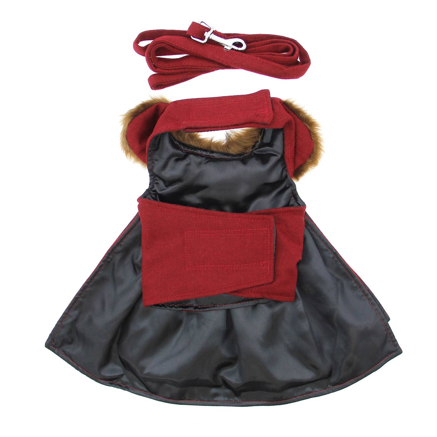 Wool Fur-Trimmed Dog Harness Coat - Burgundy: X-Small