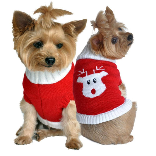 Combed Cotton Holiday Dog Sweater - Red Rudolph: 2X-Large