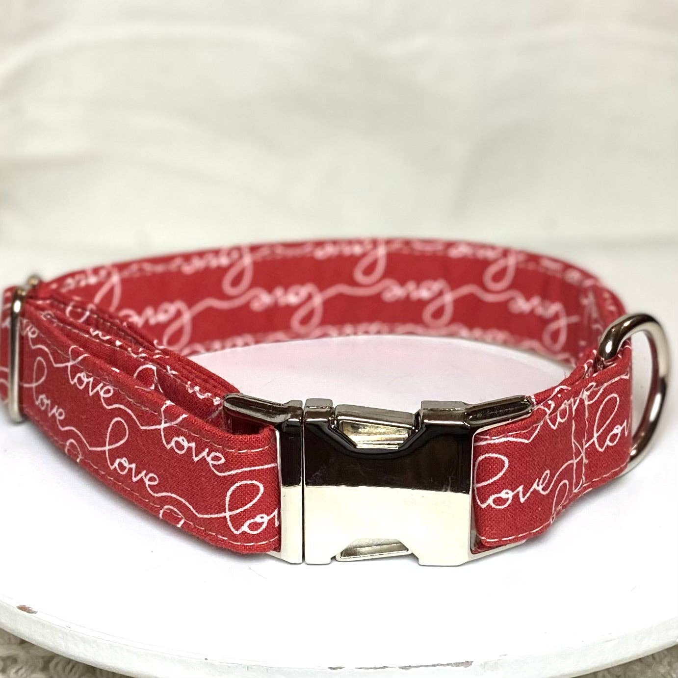 LOVE red script Valentine dog collar with silver metal buckle: L