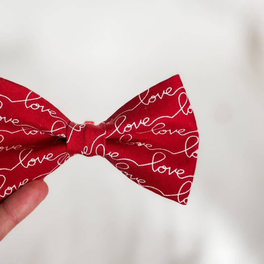 LOVE Valentine's dog bow pet accessory red and white script: Collar attachment