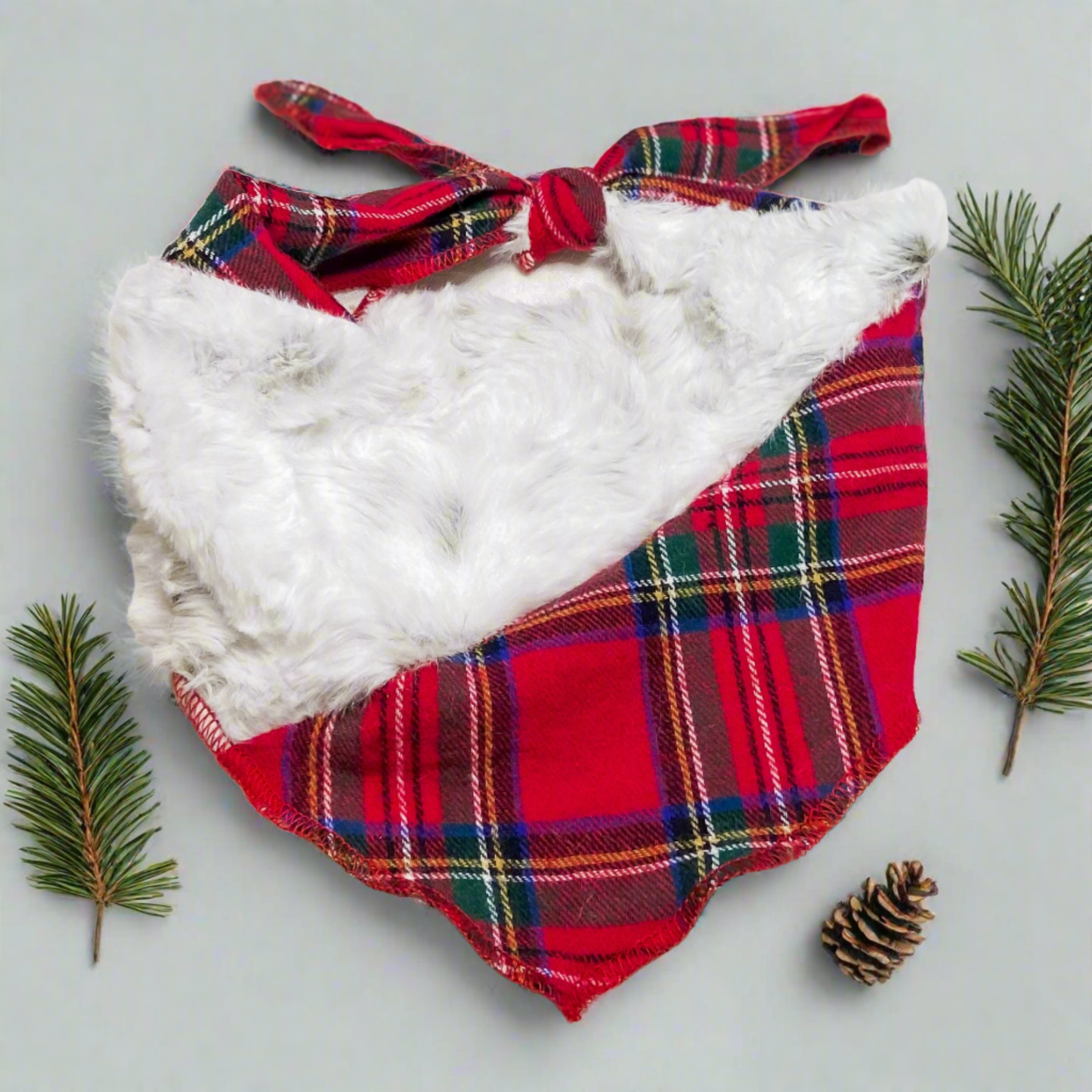 Santa paws Christmas winter red tartan faux fur dog bandana: M