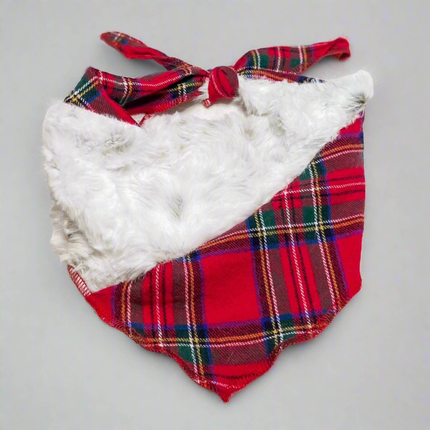 Santa paws Christmas winter red tartan faux fur dog bandana: S