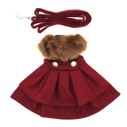 Wool Fur-Trimmed Dog Harness Coat - Burgundy: Small
